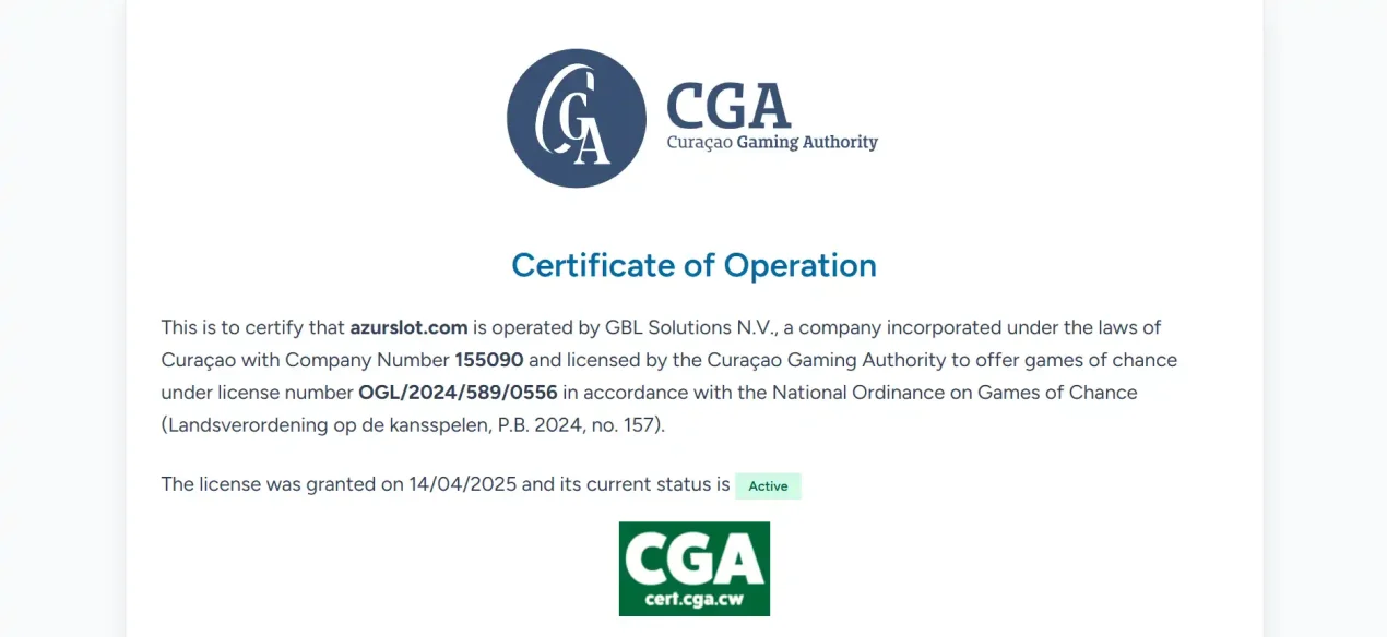 Skærmbillede af Curaçao Gaming Authority-certifikat for GBL Solutions N.V.