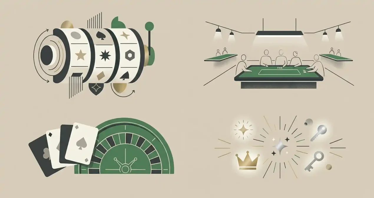 Illustration af fire casinokategorier: slots, live casino, bordspil og jackpots