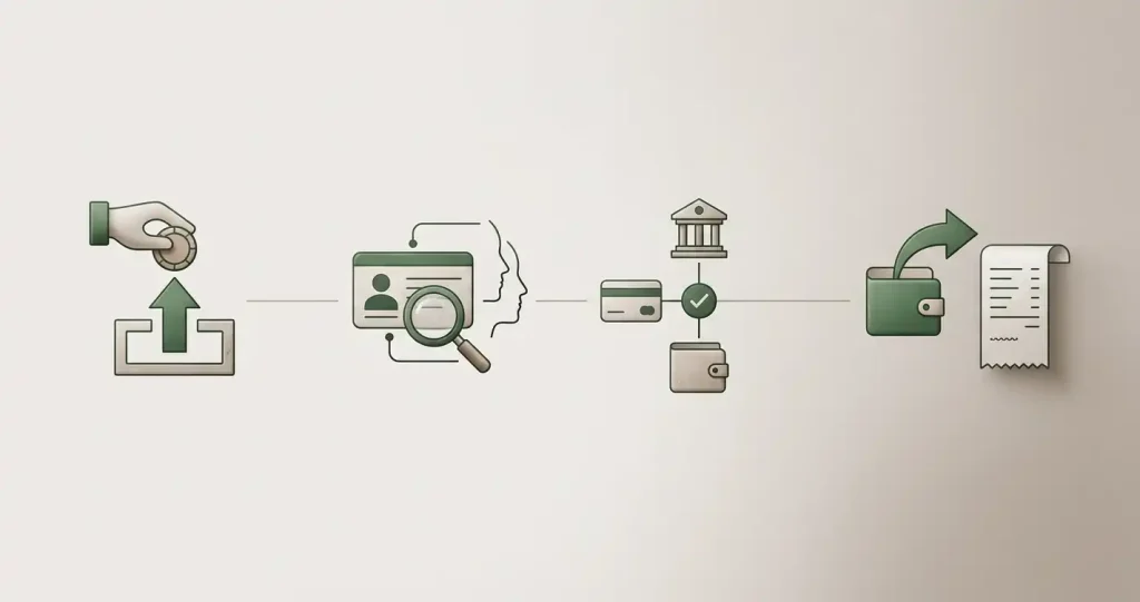 Illustration af et neutralt udbetalingsflow med identitetskontrol og betalingsmetode